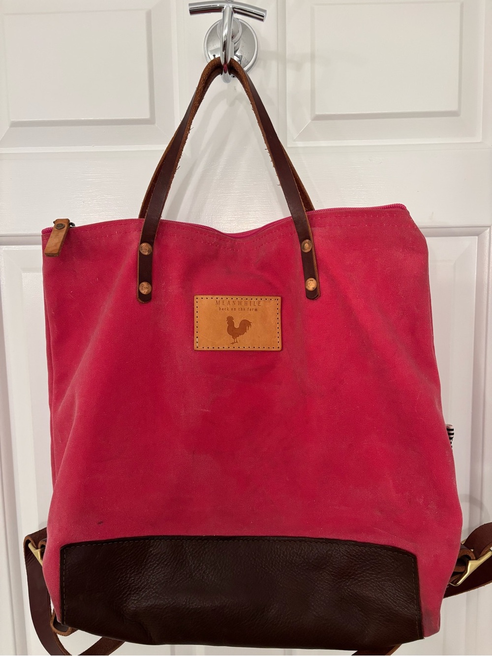 Canvas Backpack with Brown Leather Trim in Pink